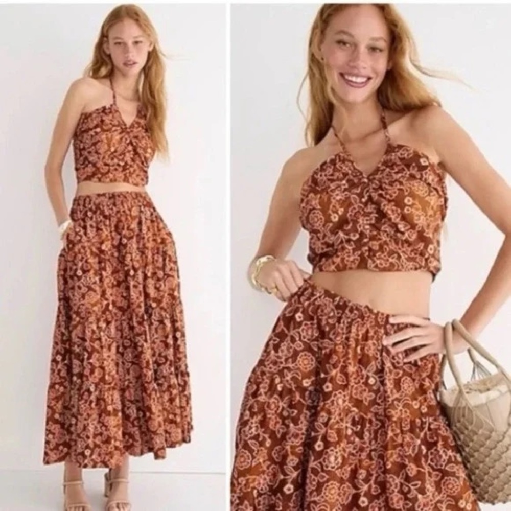 J.Crew Organic Cotton Vintage Vines Floral Print Tiered Pull-On Maxi Skirt - Picture 2 of 14
